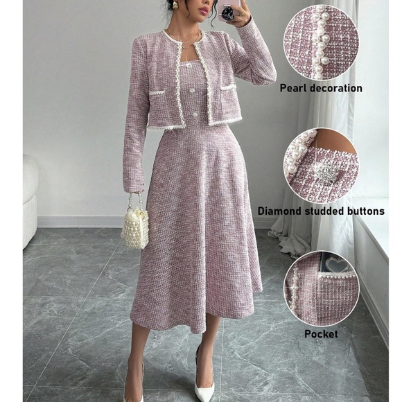 Dresses & Skirts - Classic Faux Pearl Tweed Open Front Jacket Dress Set
